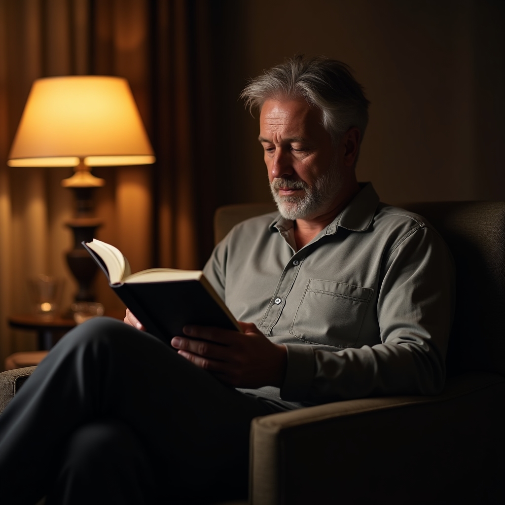 Person reading a book under warm lamp light in a calm bedroom setting before sleep