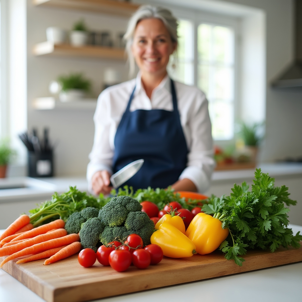 Colorful fresh vegetables being chopped on a wooden cutting board in a bright kitchen