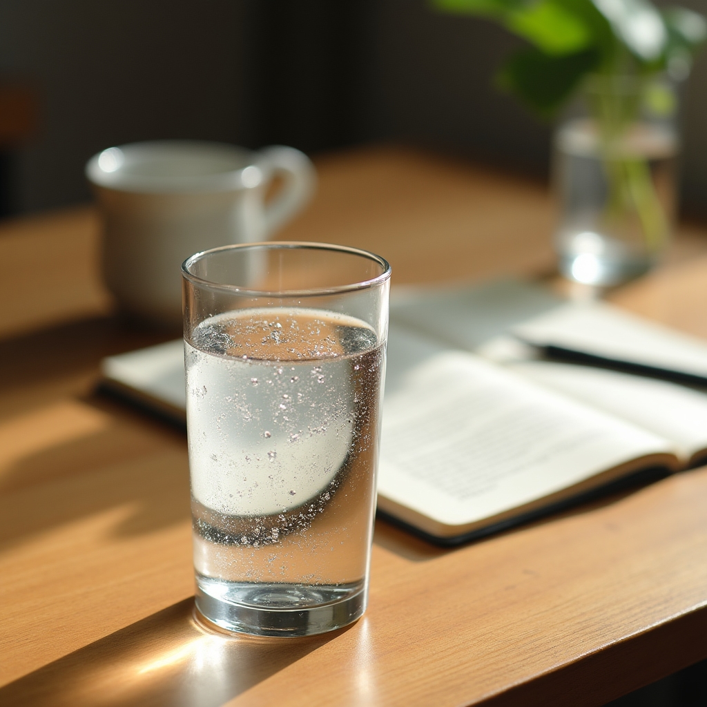 Glass of water on a wooden desk beside a journal and pen
