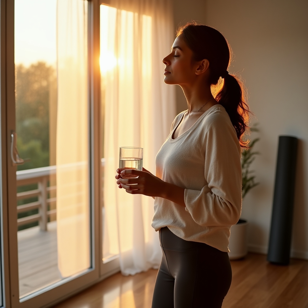 Person starting a calm morning wellness routine with natural light