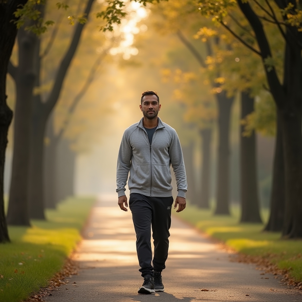Person walking on a quiet tree-lined path in soft morning light