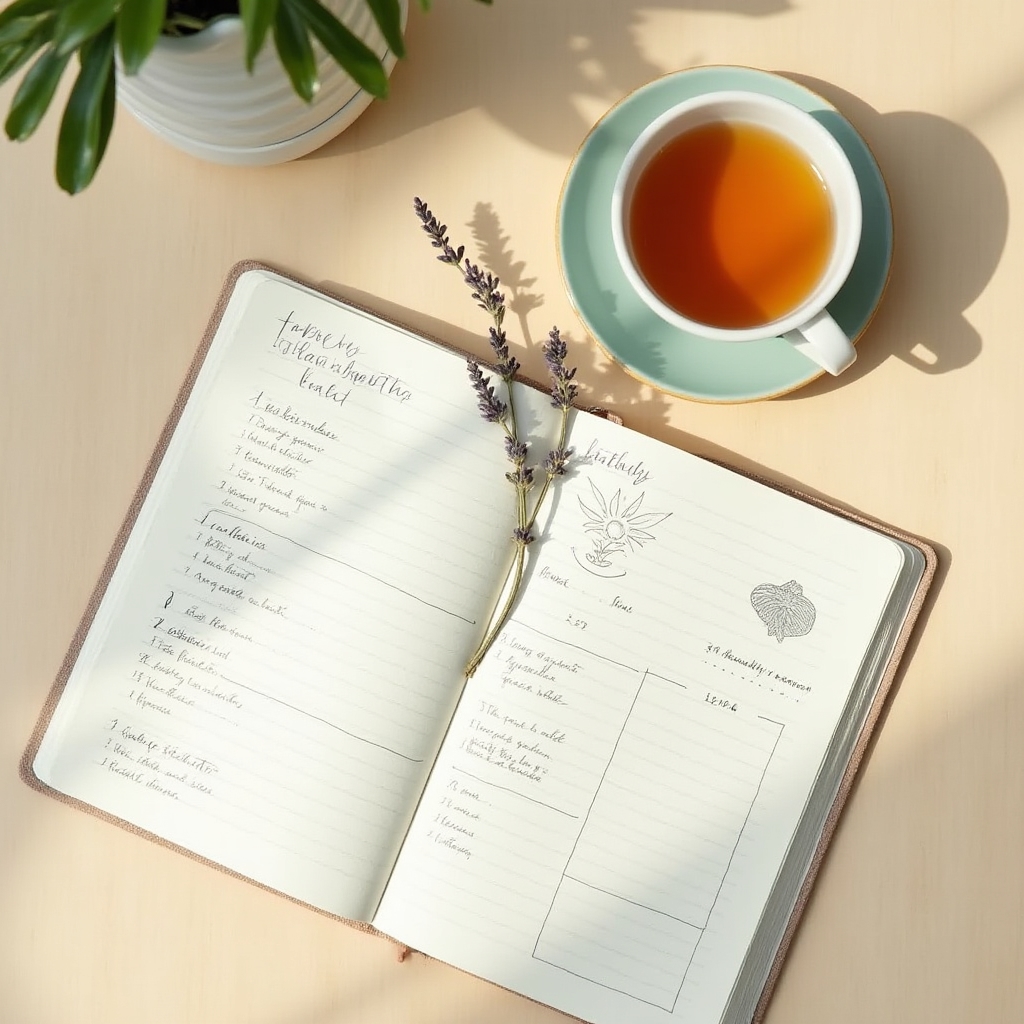 Open wellness journal on a desk with a cup of tea and natural light